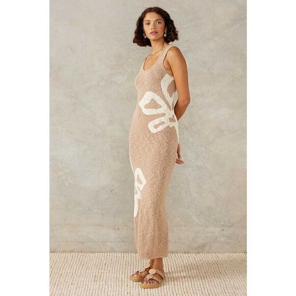 MON RENN BLOOM KNIT MIDI DRESS  TAN AND white Vacation Dress  size S NWT$229 - Picture 2 of 9